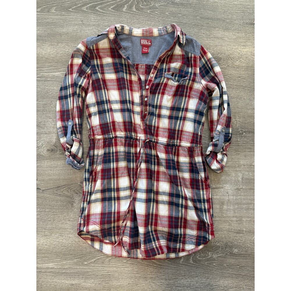 Red Ranch Plaid Tunic dress Medium long sleeve 3 Pockets tie String button